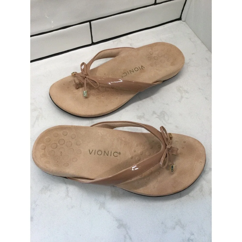 Vionic Bella II Nude Patent Bow Flip Flop Sandals Women 10 Wide Orthotic Support
